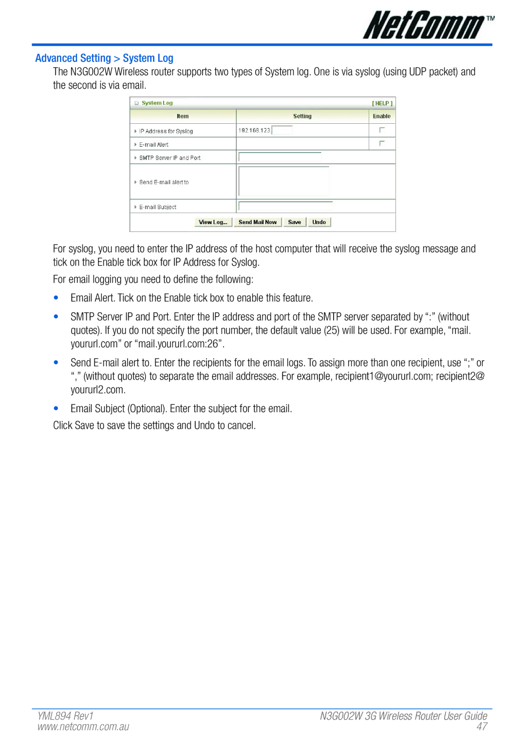 NetComm N3G002W manual Advanced Setting System Log 