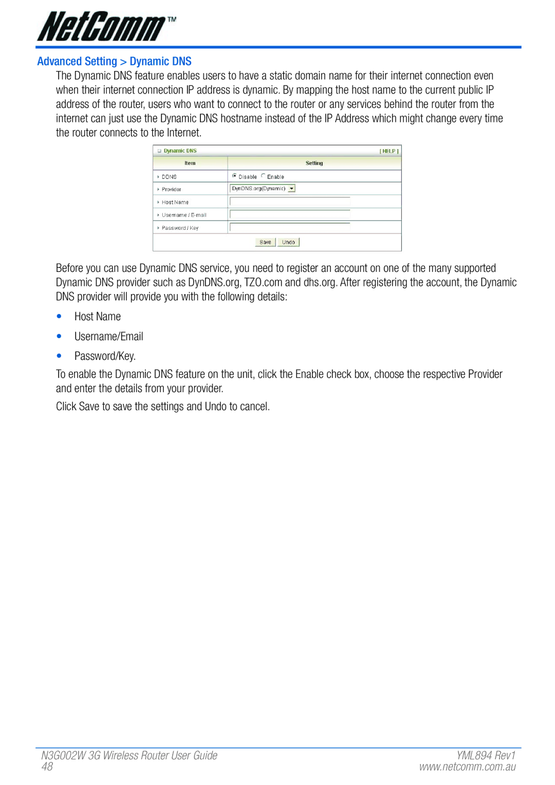 NetComm N3G002W manual Advanced Setting Dynamic DNS 