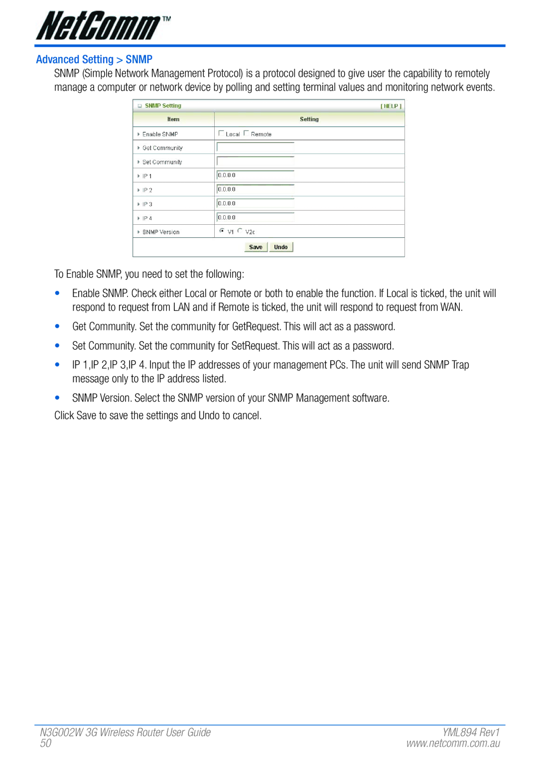 NetComm N3G002W manual Advanced Setting Snmp, To Enable SNMP, you need to set the following 