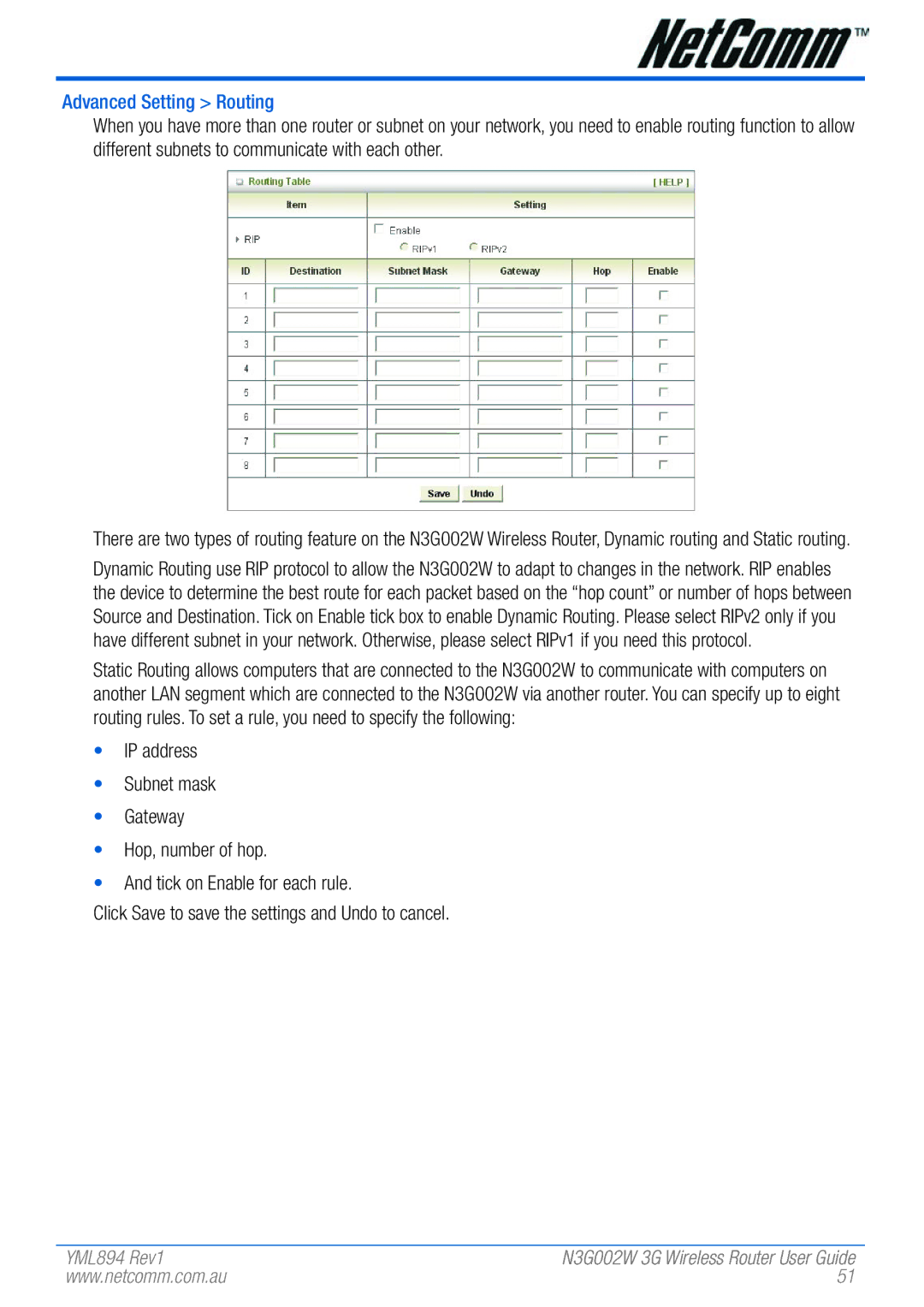 NetComm N3G002W manual Advanced Setting Routing 