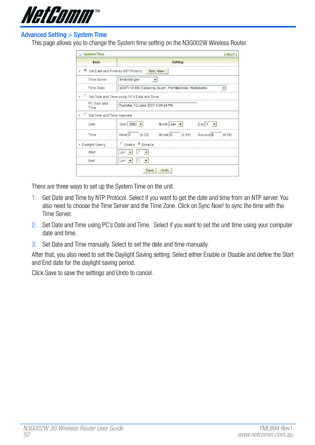 NetComm N3G002W manual Advanced Setting System Time 