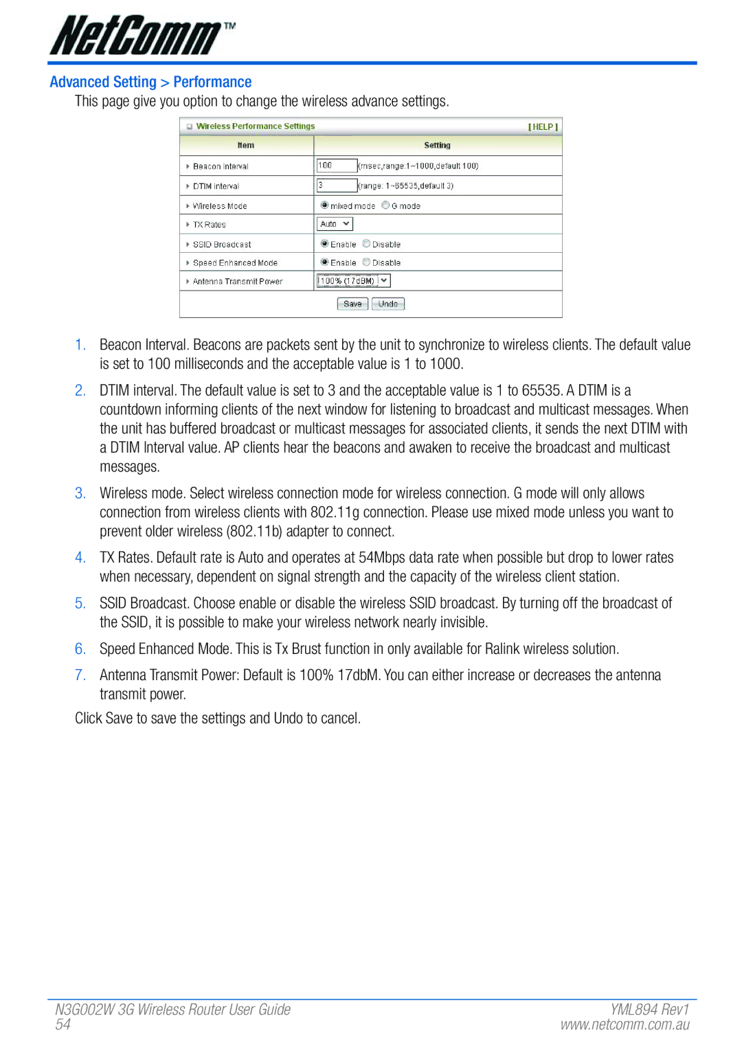 NetComm N3G002W manual Advanced Setting Performance 