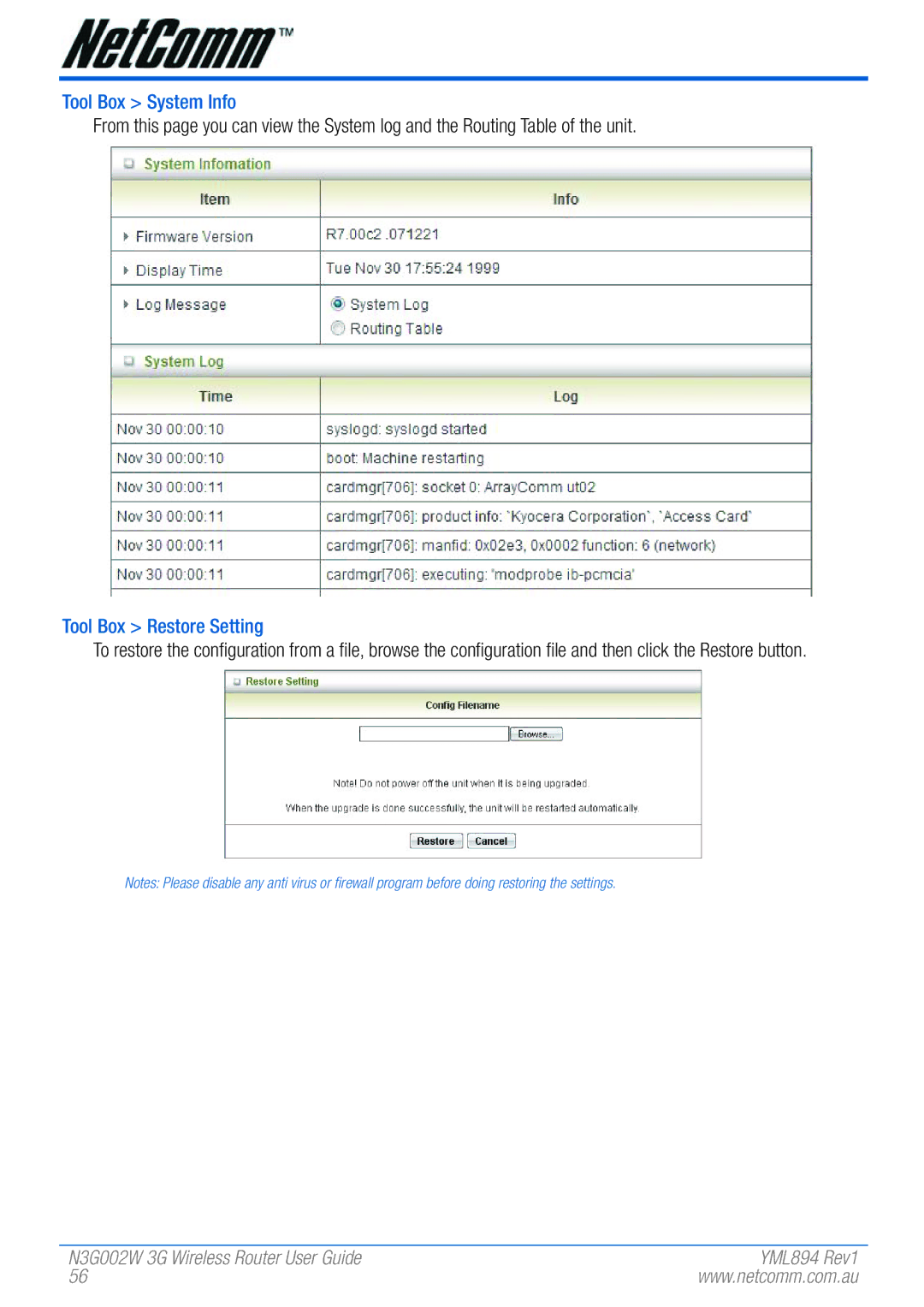 NetComm N3G002W manual Tool Box System Info, Tool Box Restore Setting 