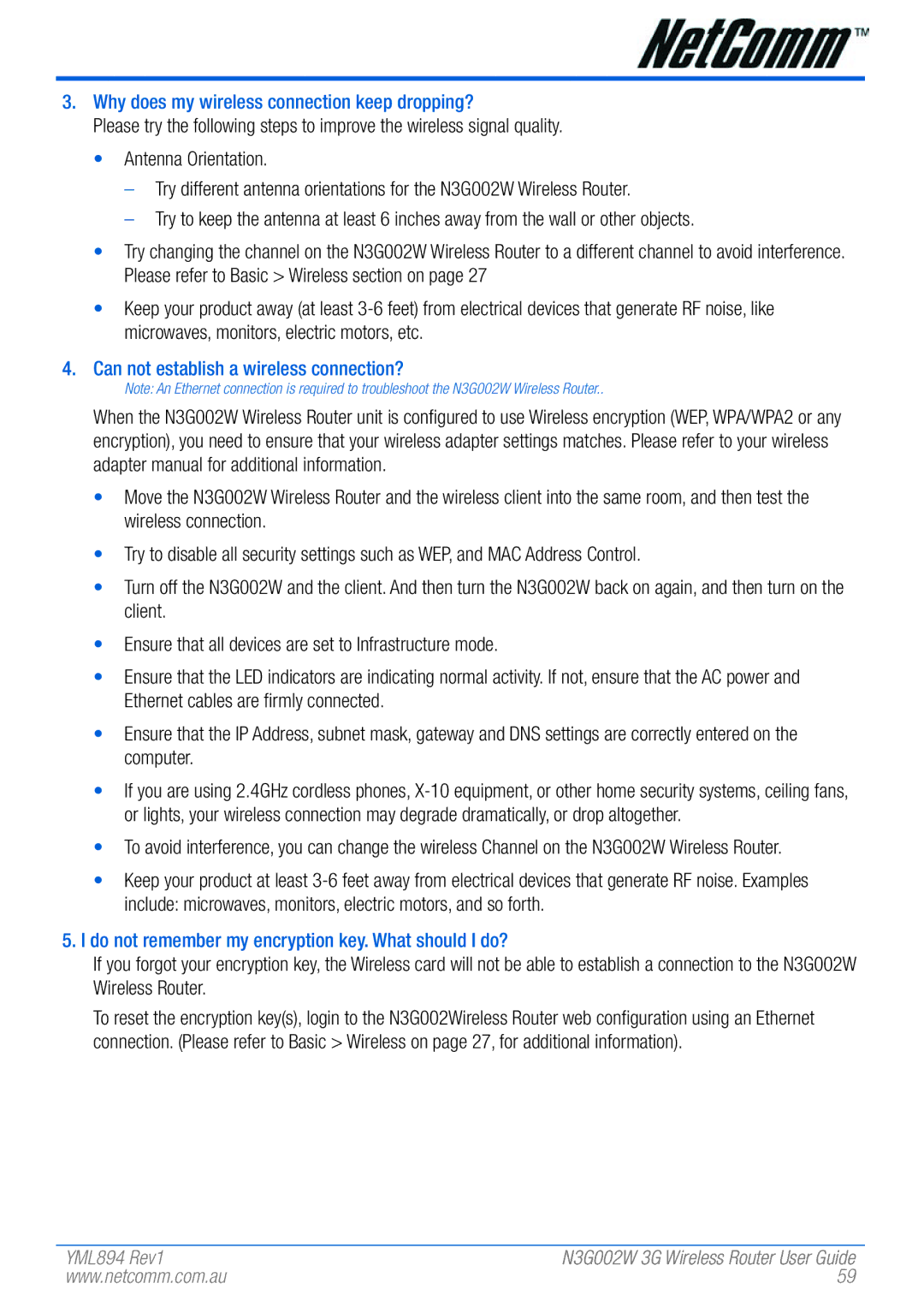 NetComm N3G002W manual Why does my wireless connection keep dropping?, Can not establish a wireless connection? 