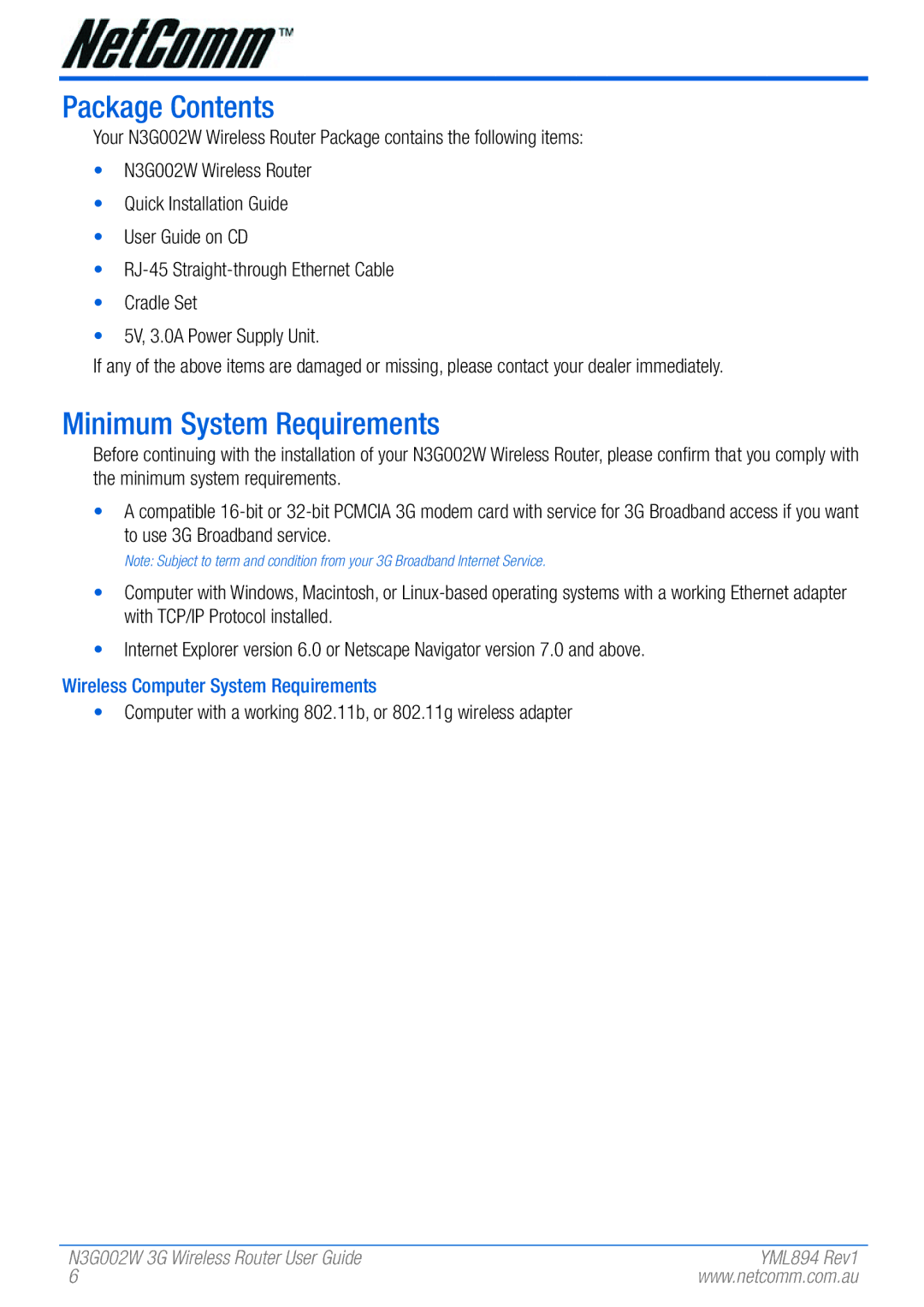 NetComm N3G002W manual Package Contents, Minimum System Requirements 