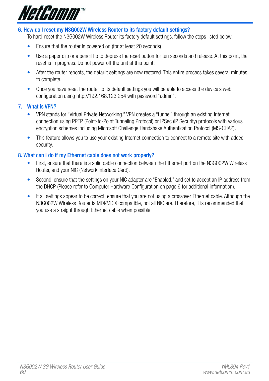 NetComm N3G002W manual What is VPN?, What can I do if my Ethernet cable does not work properly? 