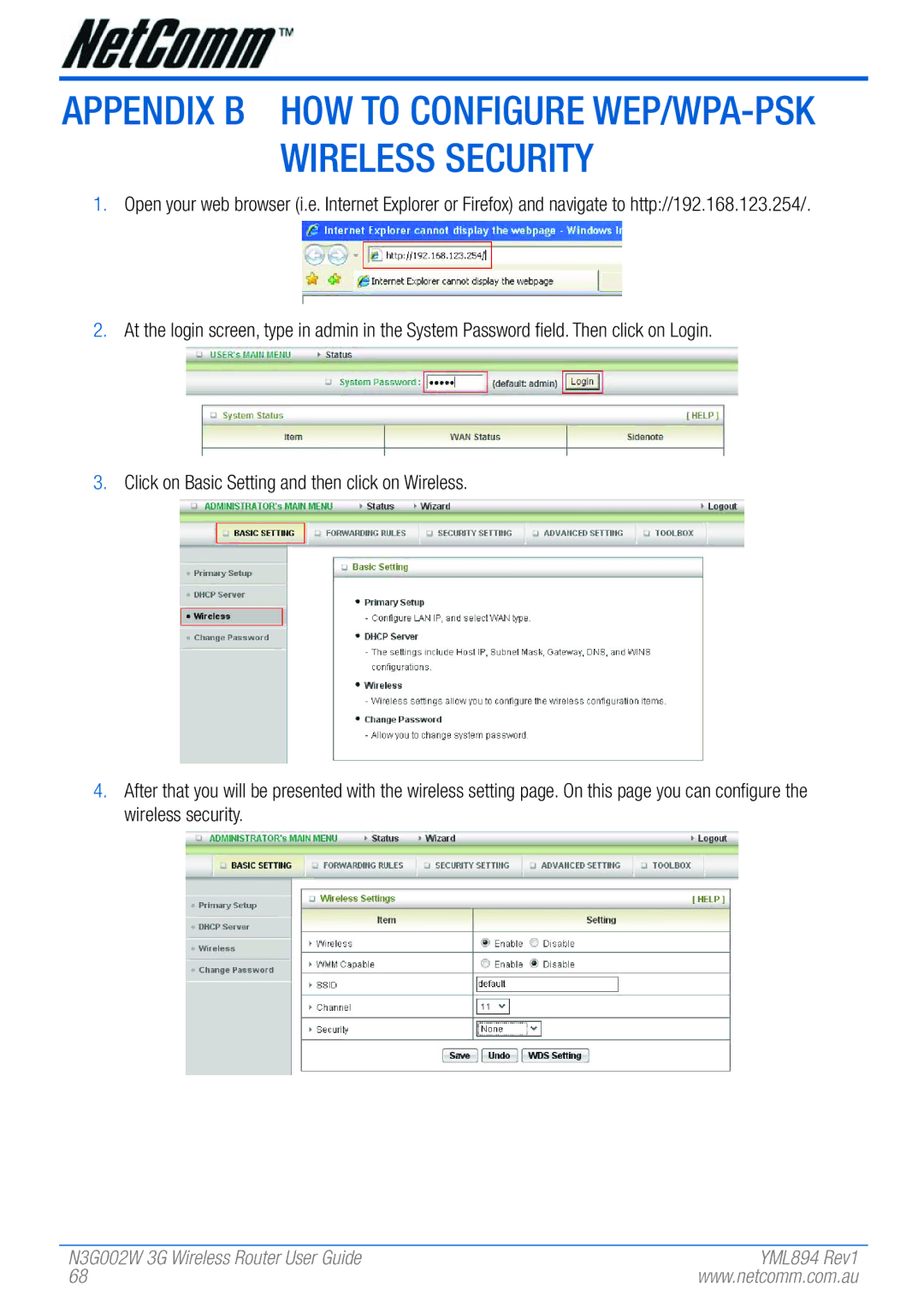 NetComm N3G002W manual Appendix B How to configure WEP/WPA-PSK Wireless Security 