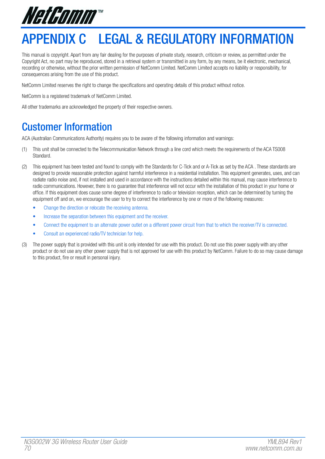 NetComm N3G002W manual Appendix C Legal & Regulatory Information, Customer Information 