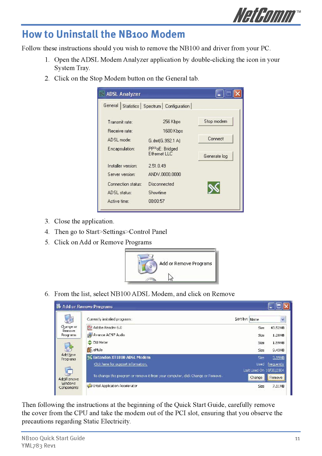 NetComm manual How to Uninstall the NB100 Modem 