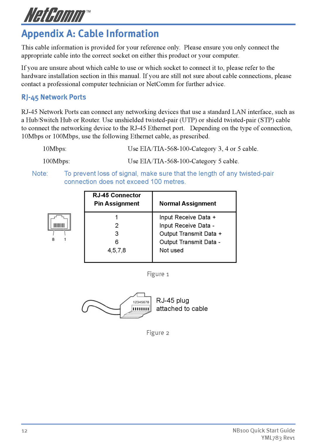 NetComm NB100 manual Appendix a Cable Information, RJ-45 Network Ports 