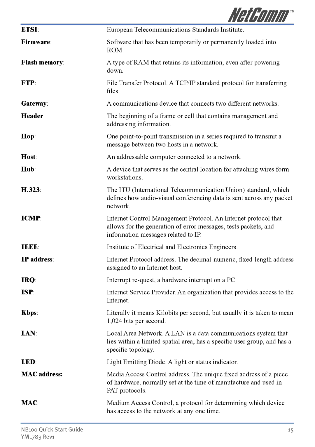 NetComm NB100 manual Etsi, Ftp, Icmp, Ieee, Irq, Isp, Lan, Led, Mac 