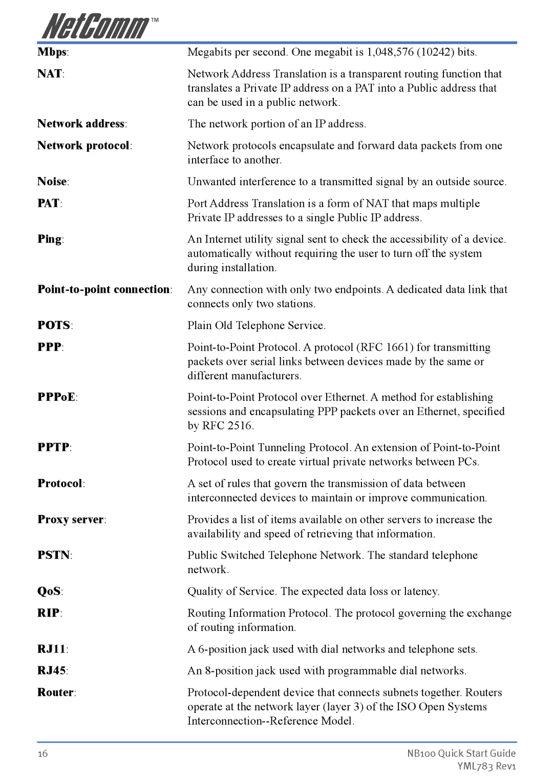 NetComm NB100 manual Nat, Pat, Pots PPP, Pptp, Pstn, Rip 