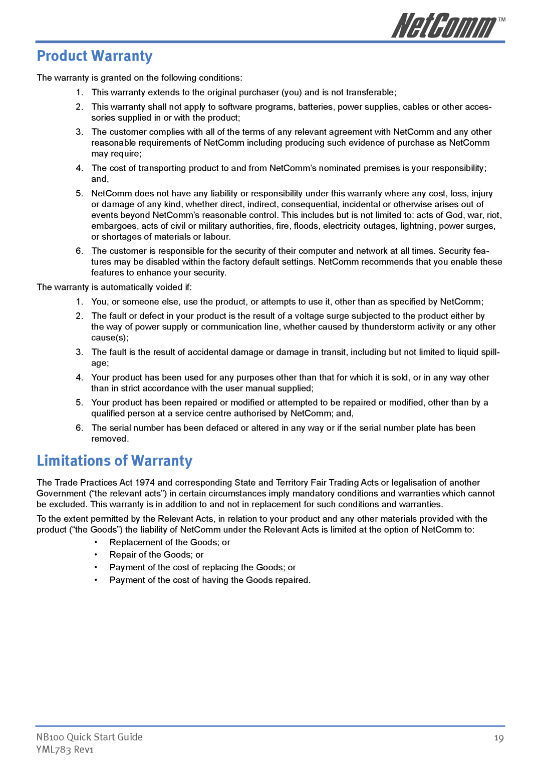 NetComm NB100 manual Product Warranty, Limitations of Warranty 