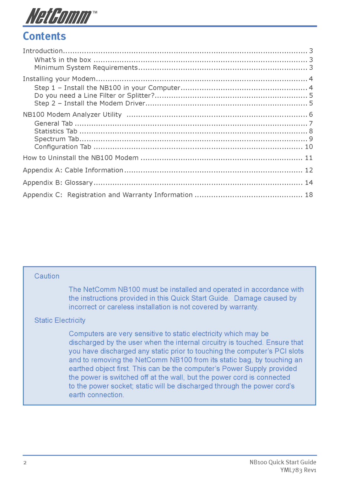 NetComm NB100 manual Contents 