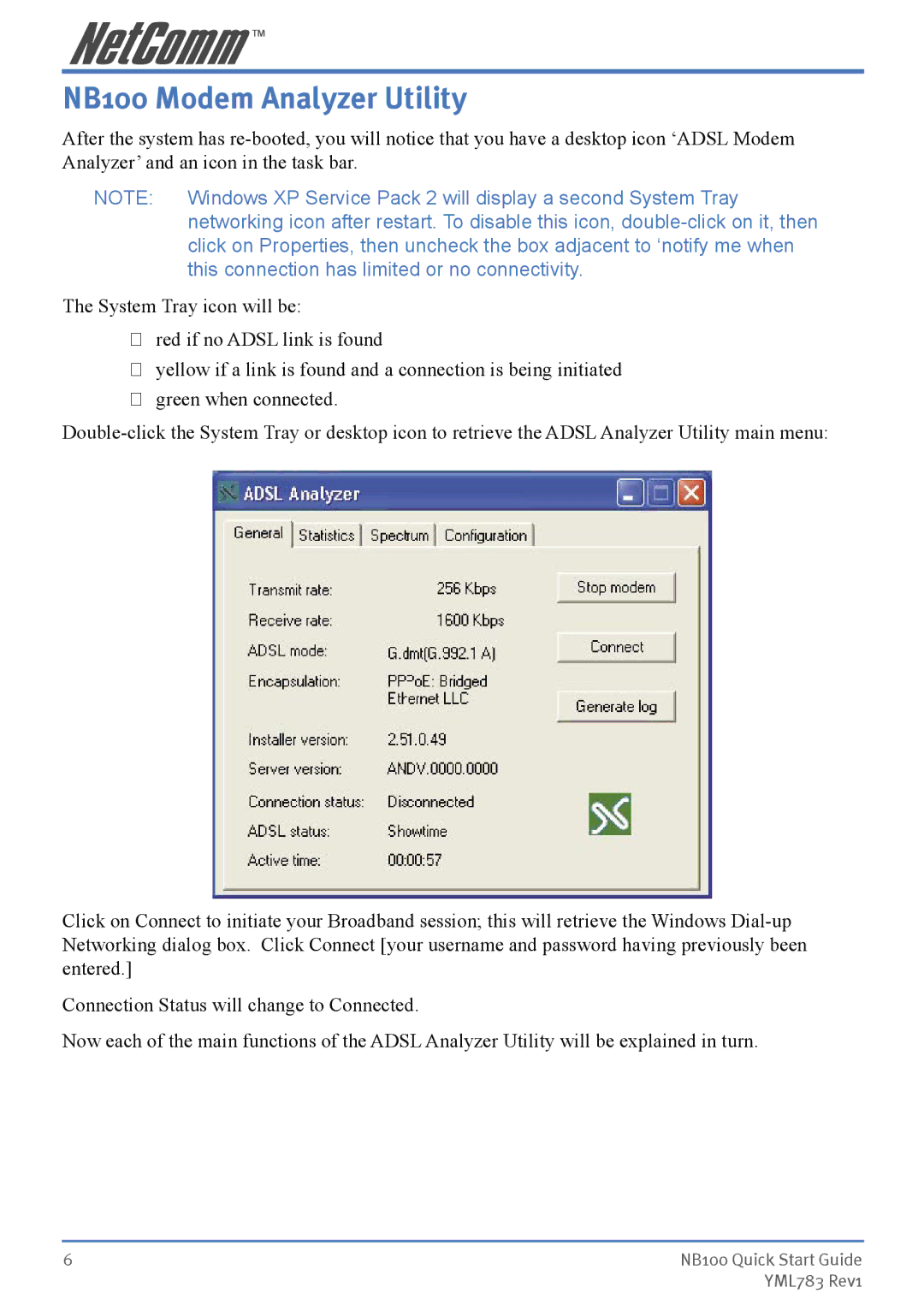 NetComm manual NB100 Modem Analyzer Utility, This connection has limited or no connectivity 