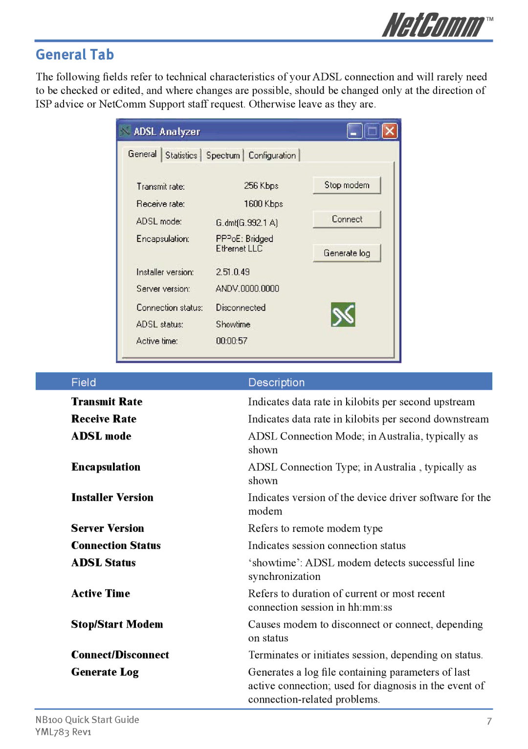 NetComm NB100 manual General Tab 