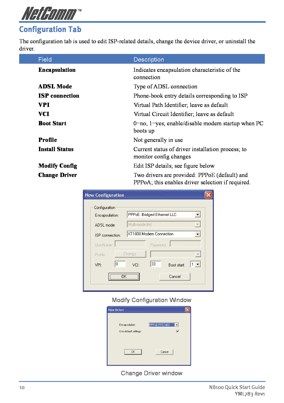 NetComm NB100 manual Configuration Tab, Field, Description, Modify Conﬁguration Window Change Driver window 