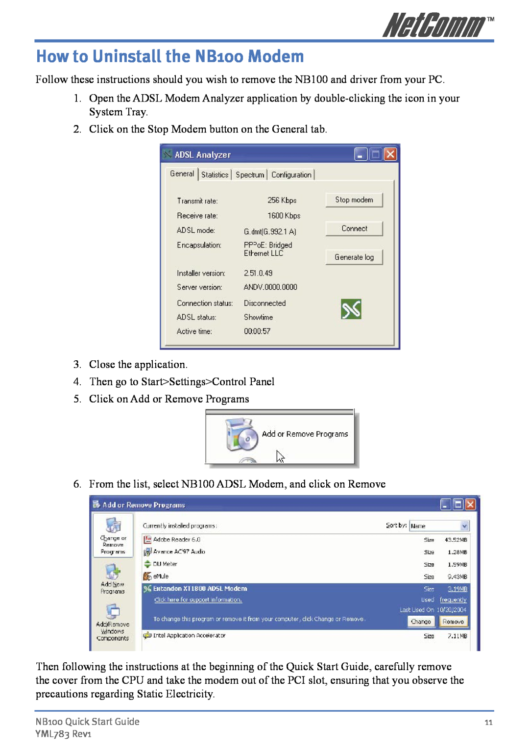 NetComm manual How to Uninstall the NB100 Modem 
