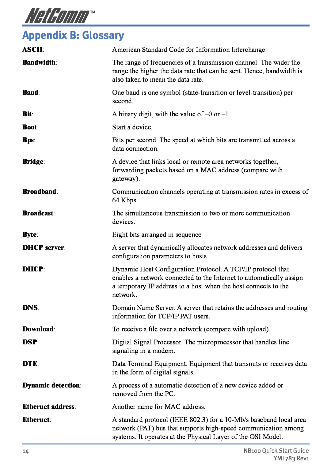 NetComm NB100 manual Appendix B Glossary 