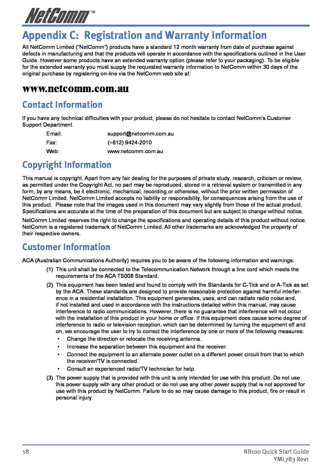 NetComm NB100 Appendix C Registration and Warranty Information, Contact Information, Copyright Information, YML783 Rev1 