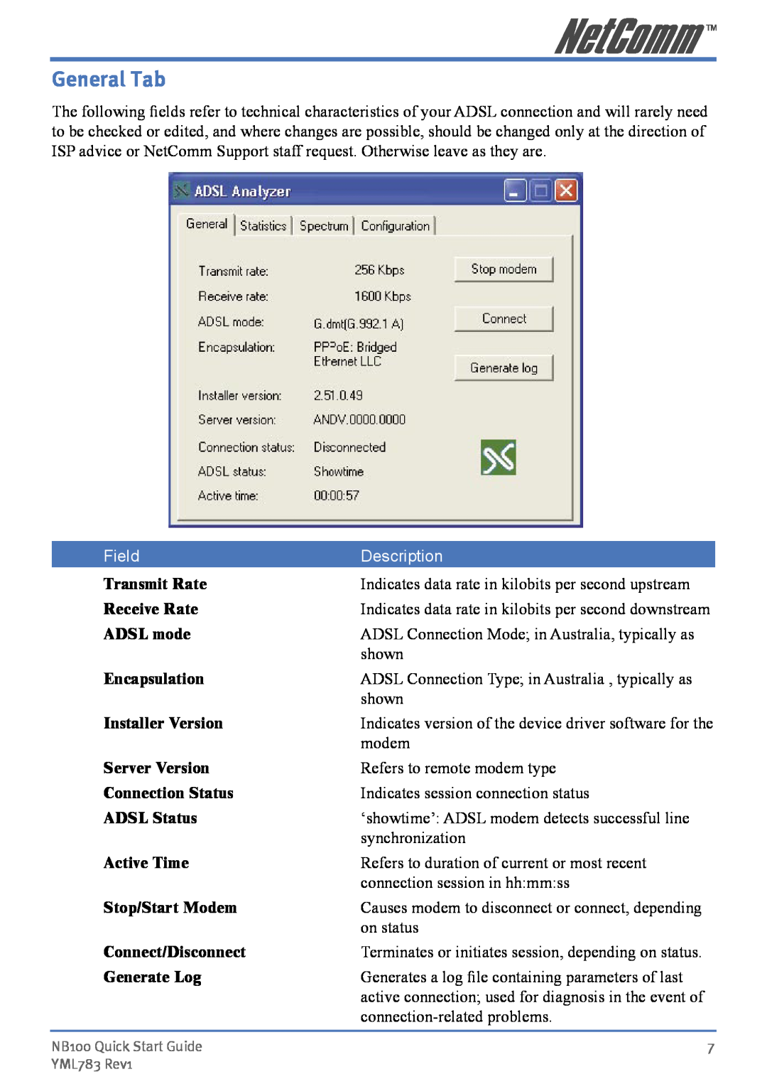 NetComm NB100 manual General Tab, Field, Description 