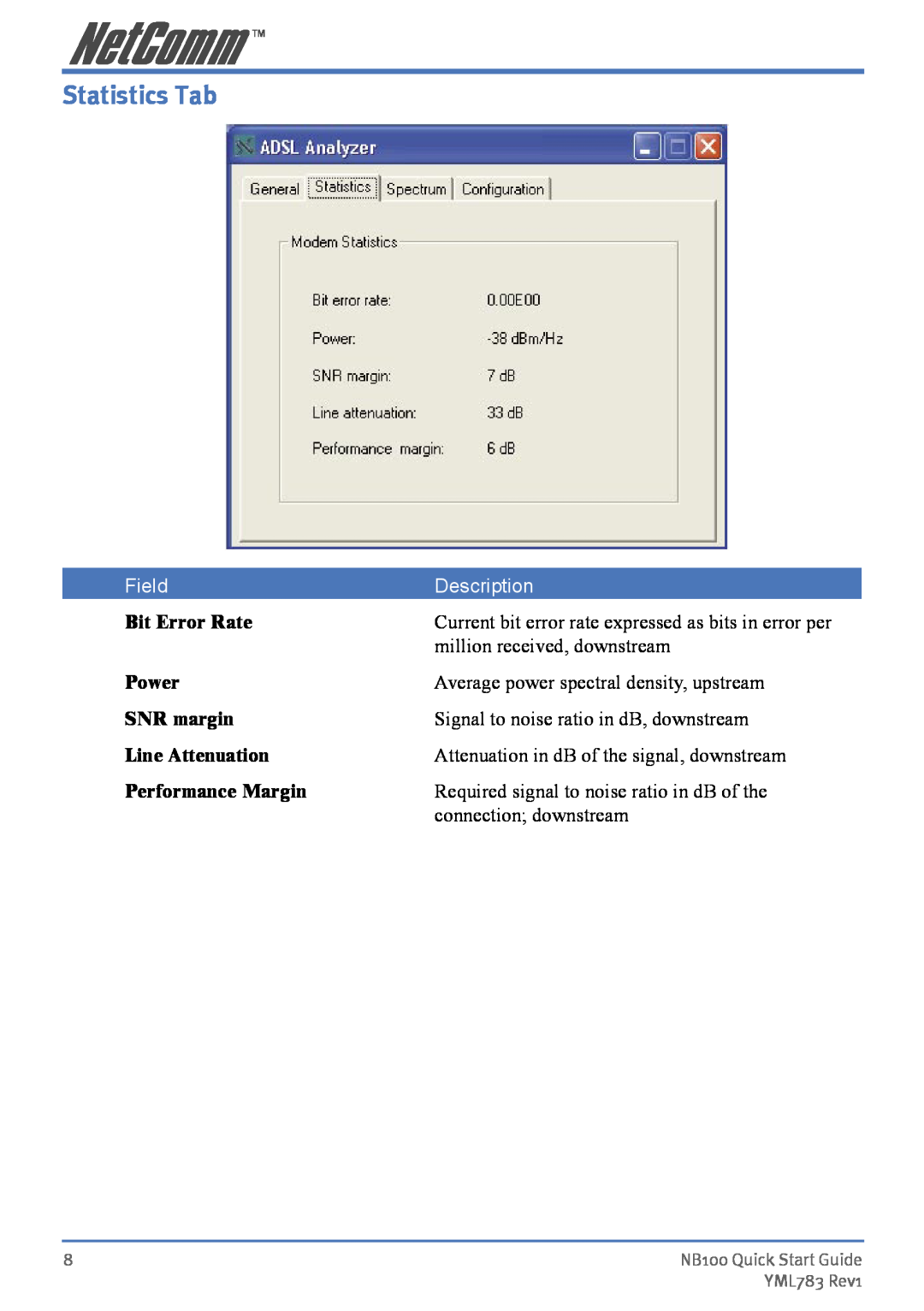 NetComm manual Statistics Tab, Field, Description, NB100 Quick Start Guide, YML783 Rev1 