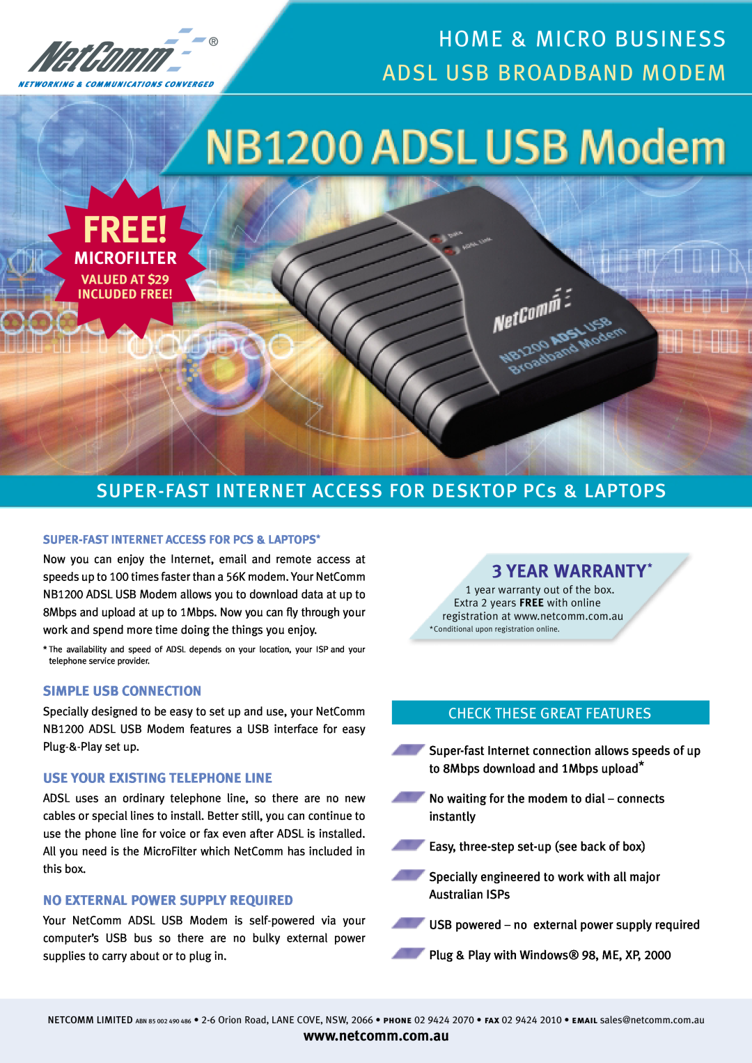 NetComm NB1200 warranty Home & Micro Business, Adsl Usb Broadband Modem, Super-Fast Internet Access For Pcs & Laptops 