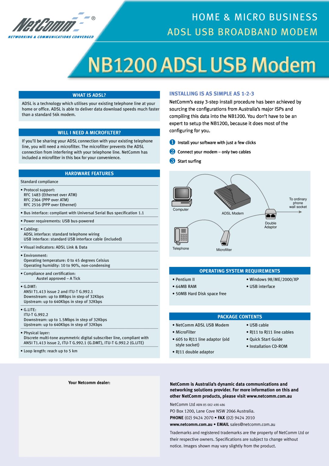NetComm NB1200 warranty Installing Is As Simple As, Home & Micro Business, Adsl Usb Broadband Modem, What Is Adsl? 