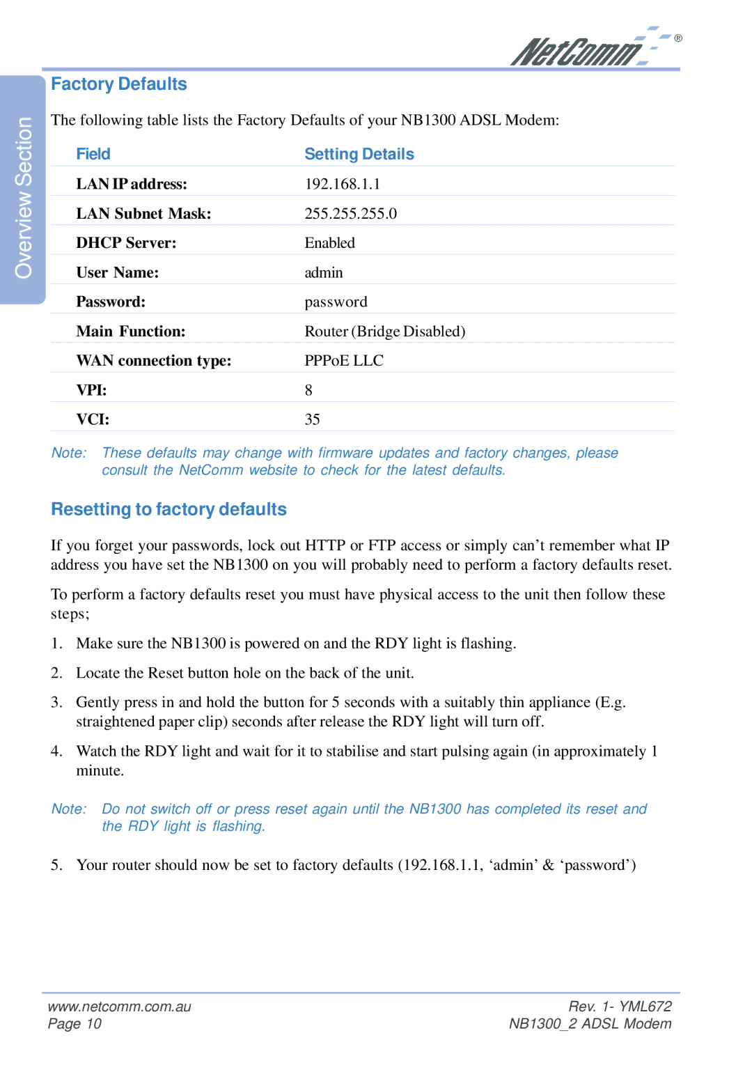 NetComm NB1300 Plus 4W manual Factory Defaults, Resetting to factory defaults, Field Setting Details 