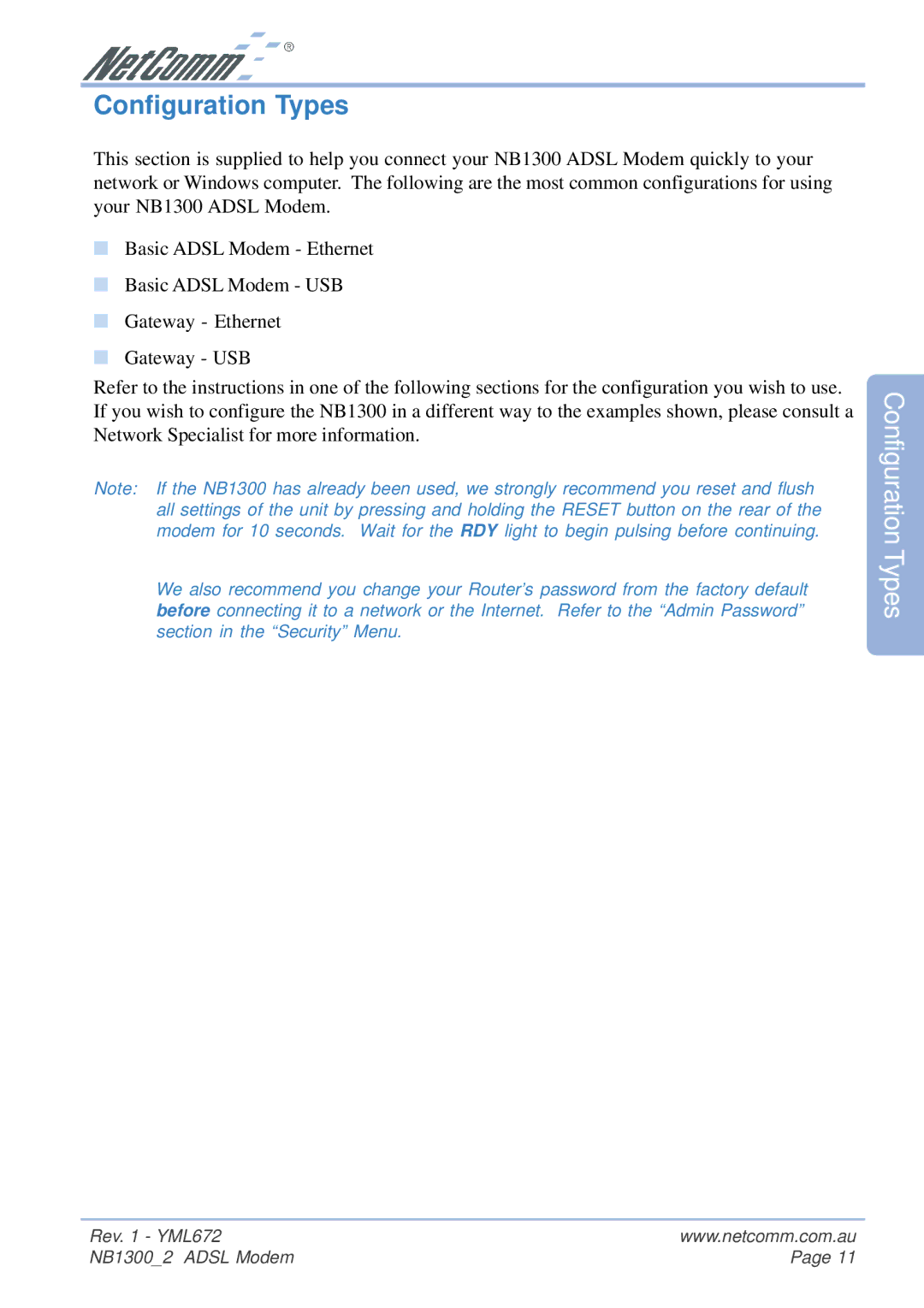 NetComm NB1300 Plus 4W manual Configuration Types 