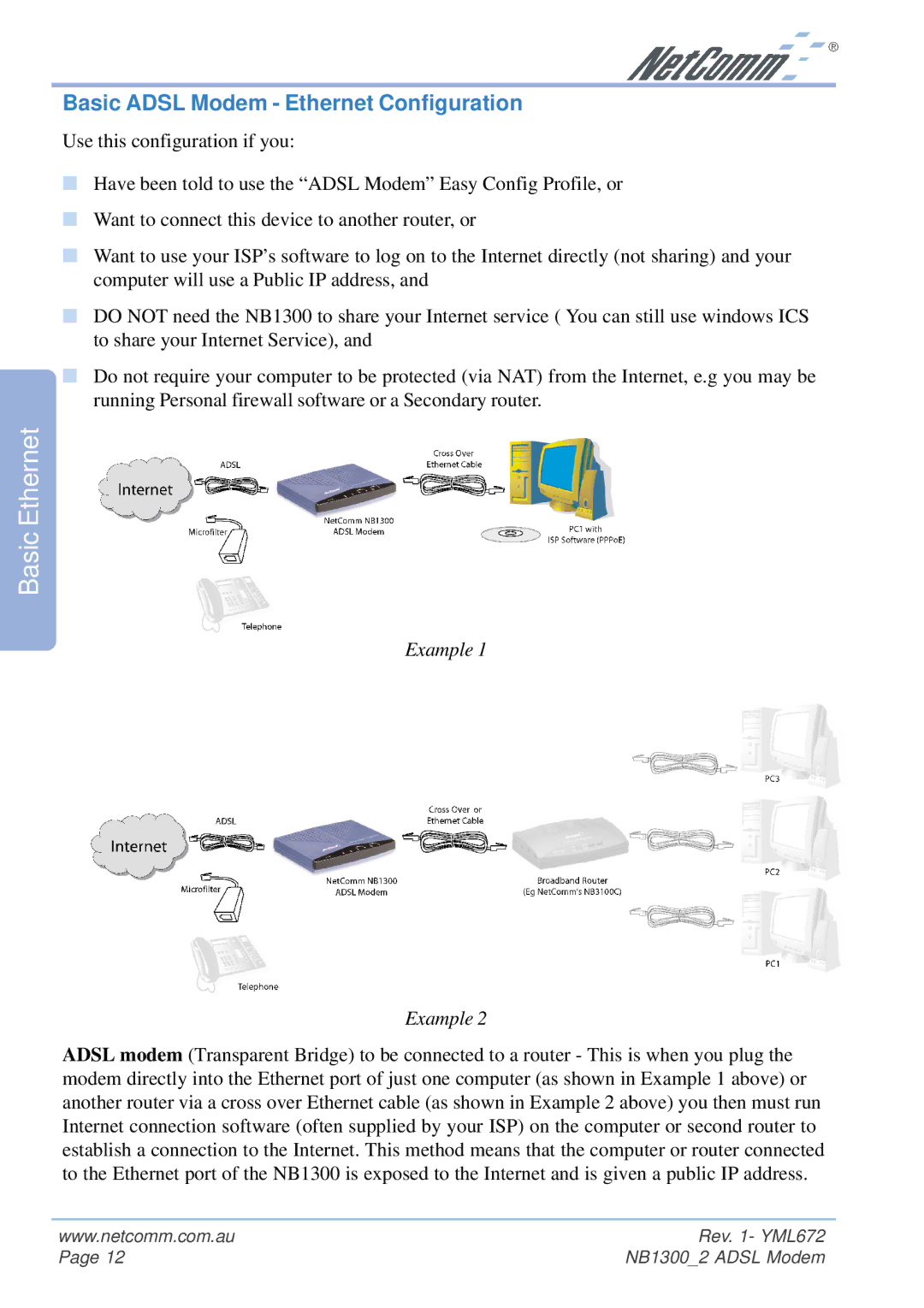 NetComm NB1300 Plus 4W manual Basic Ethernet, Basic Adsl Modem Ethernet Configuration 