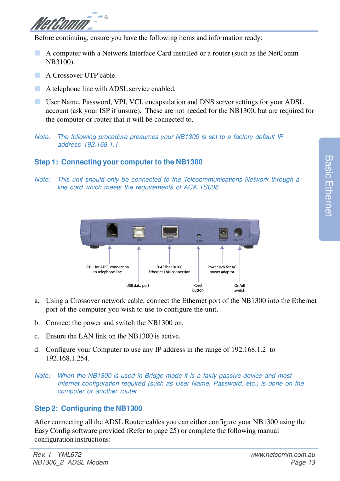 NetComm NB1300 Plus 4W manual Connecting your computer to the NB1300, Configuring the NB1300 