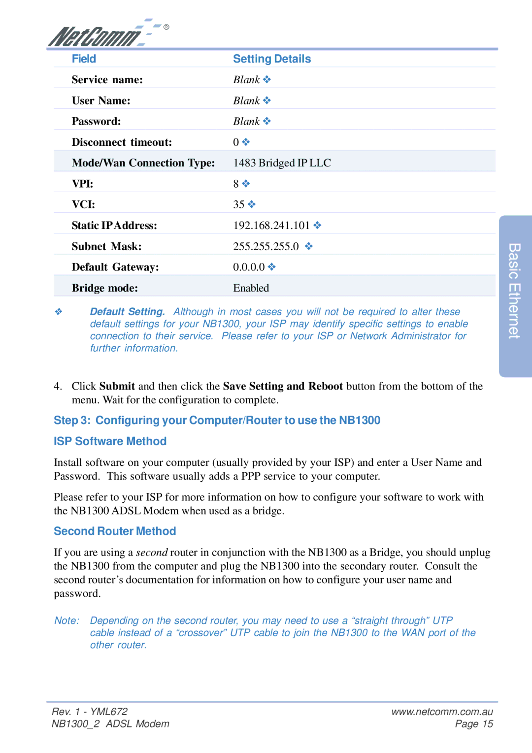 NetComm NB1300 Plus 4W manual Field Setting Details, Second Router Method 