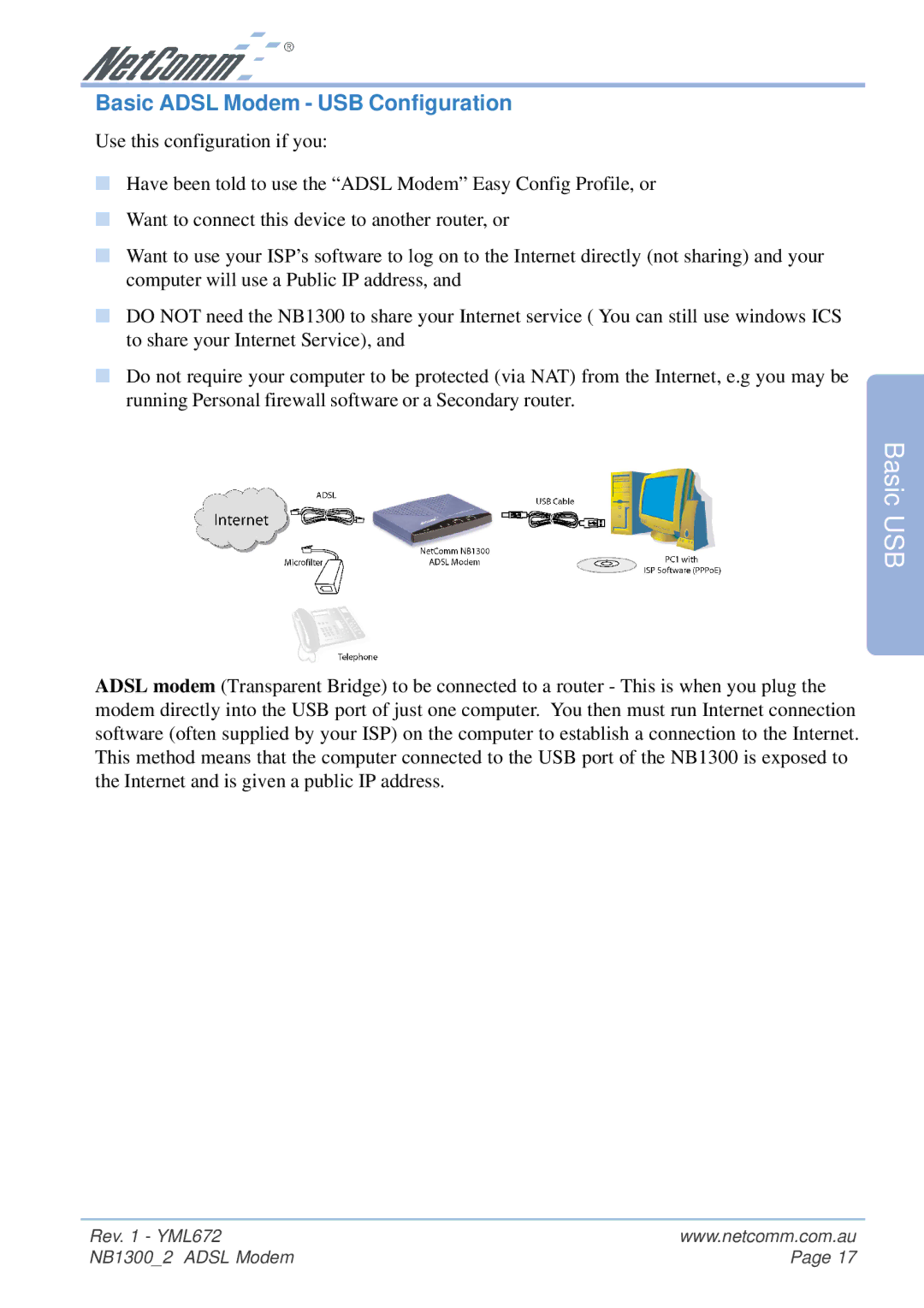 NetComm NB1300 Plus 4W manual Basic USB, Basic Adsl Modem USB Configuration 