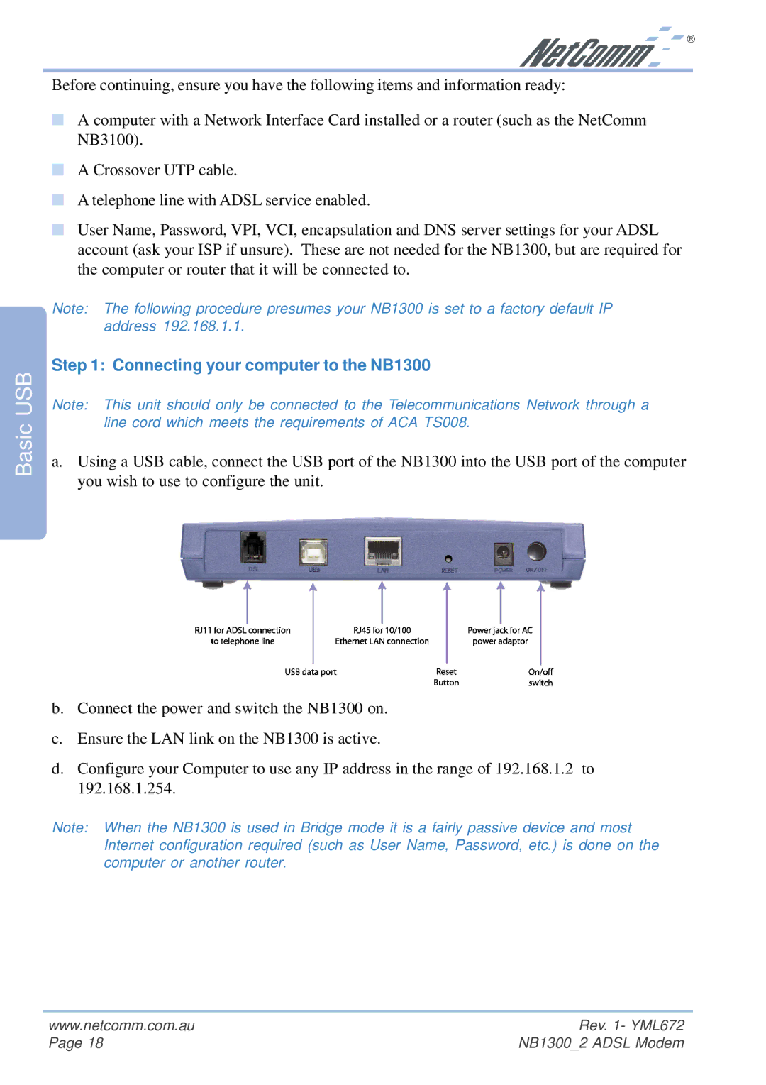 NetComm NB1300 Plus 4W manual Connecting your computer to the NB1300 