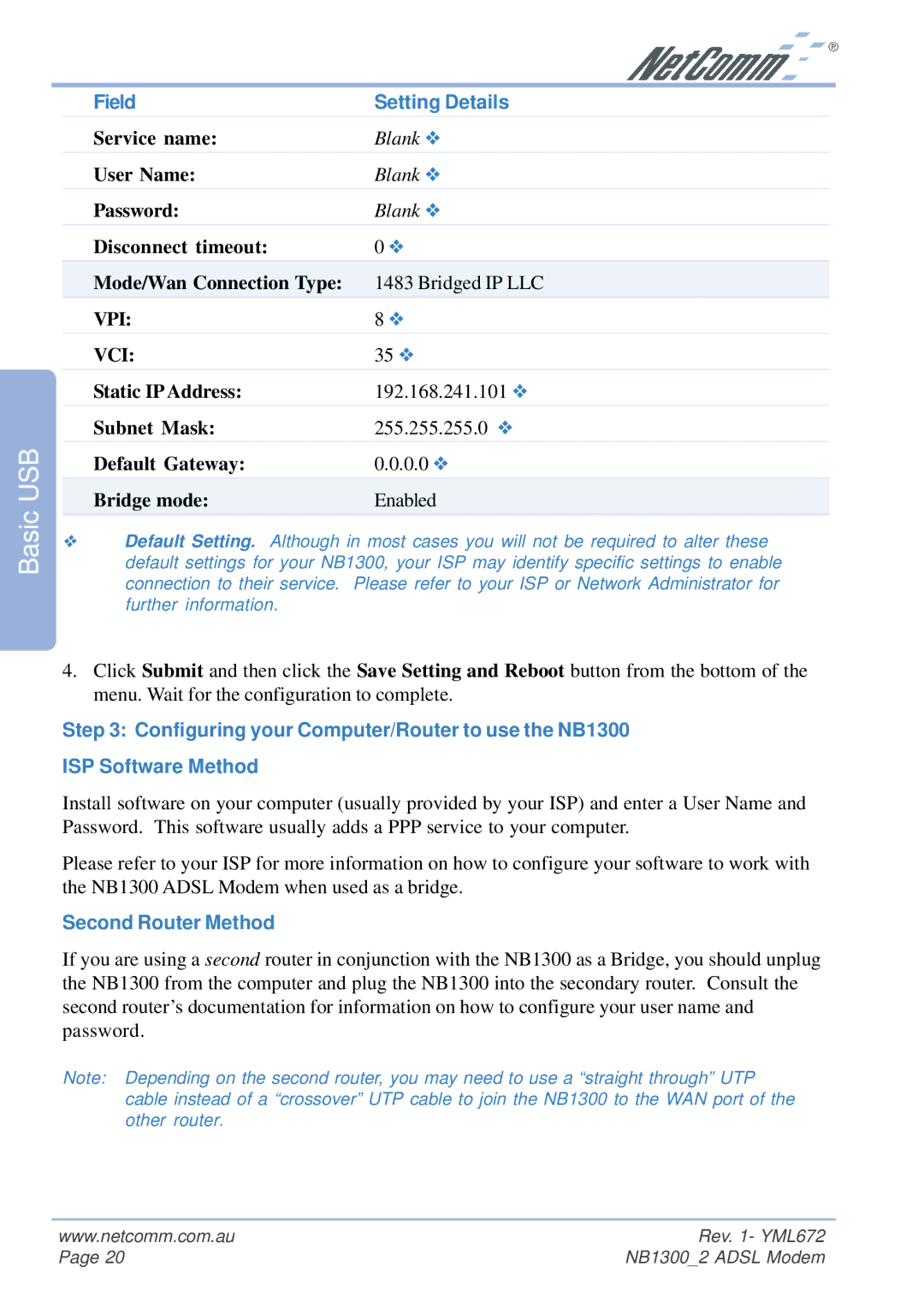 NetComm NB1300 Plus 4W manual Field Setting Details 