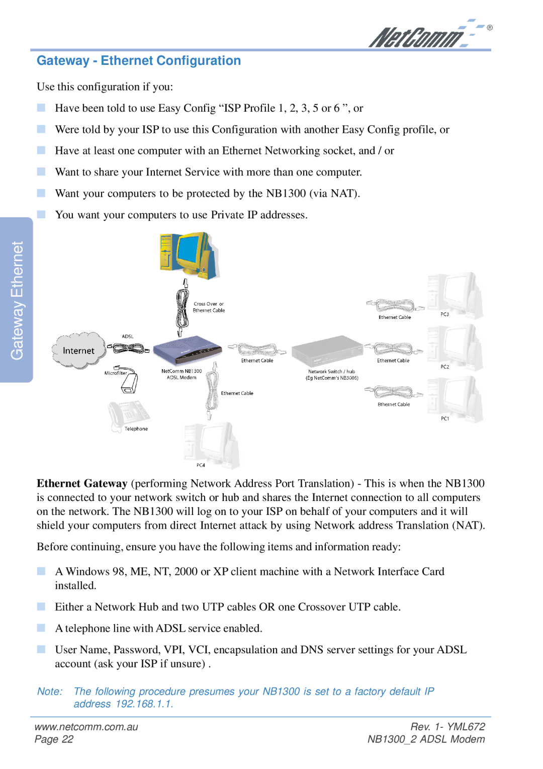 NetComm NB1300 Plus 4W manual Gateway Ethernet Configuration 