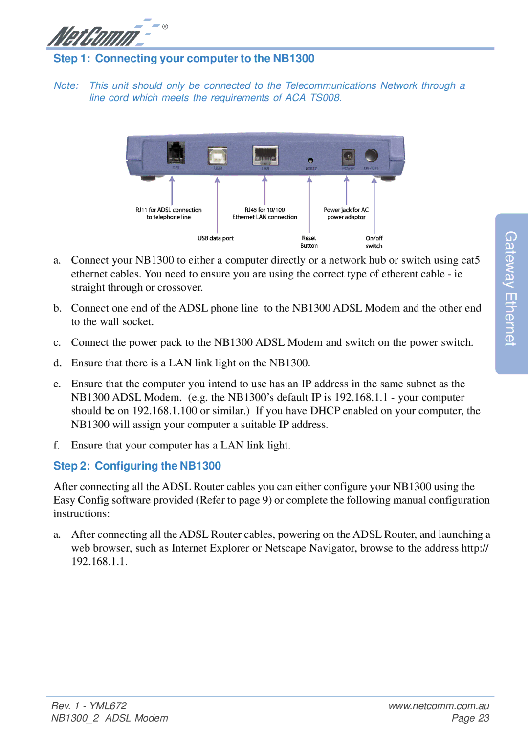 NetComm NB1300 Plus 4W manual Connecting your computer to the NB1300 