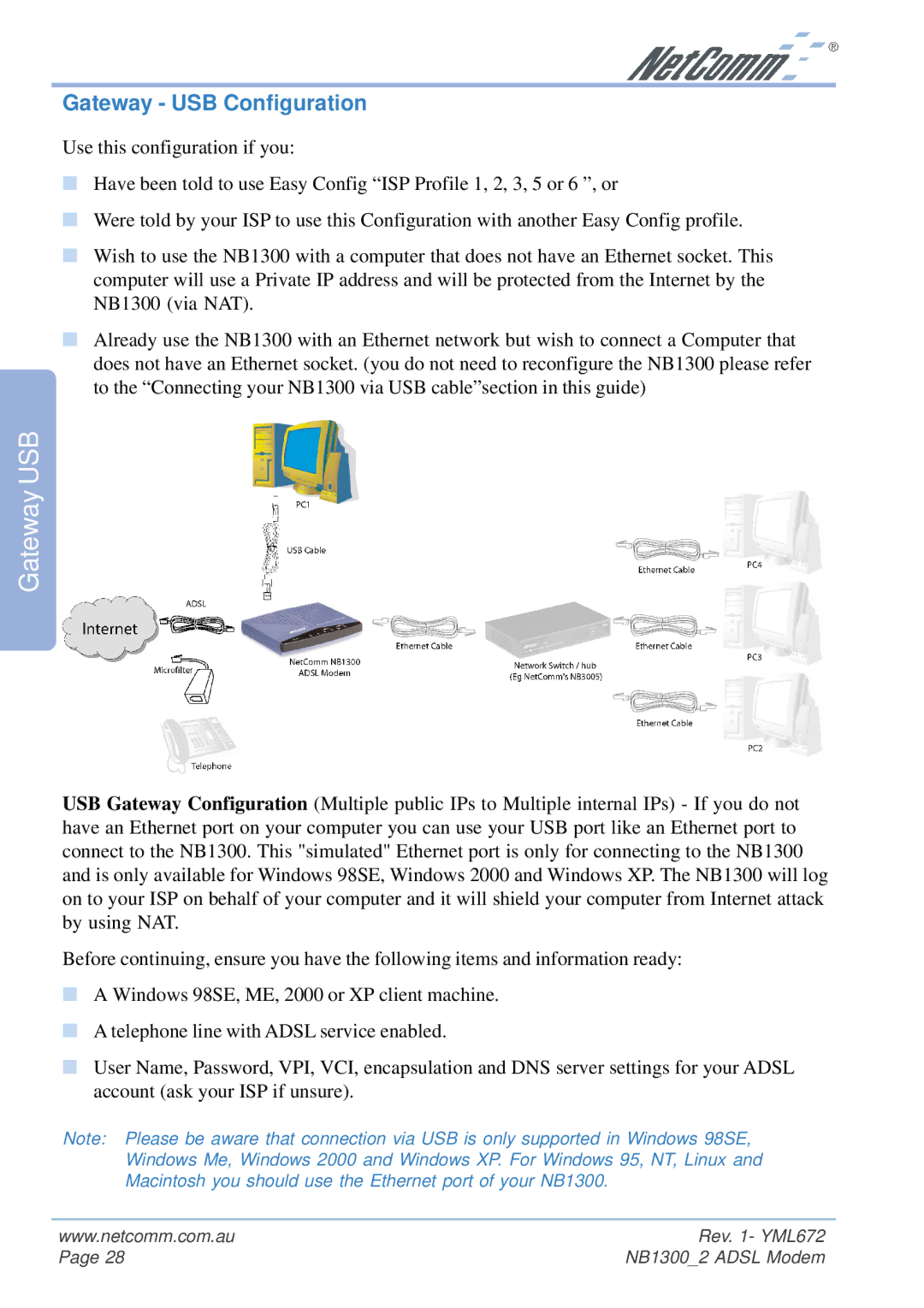 NetComm NB1300 Plus 4W manual Gateway USB Configuration 