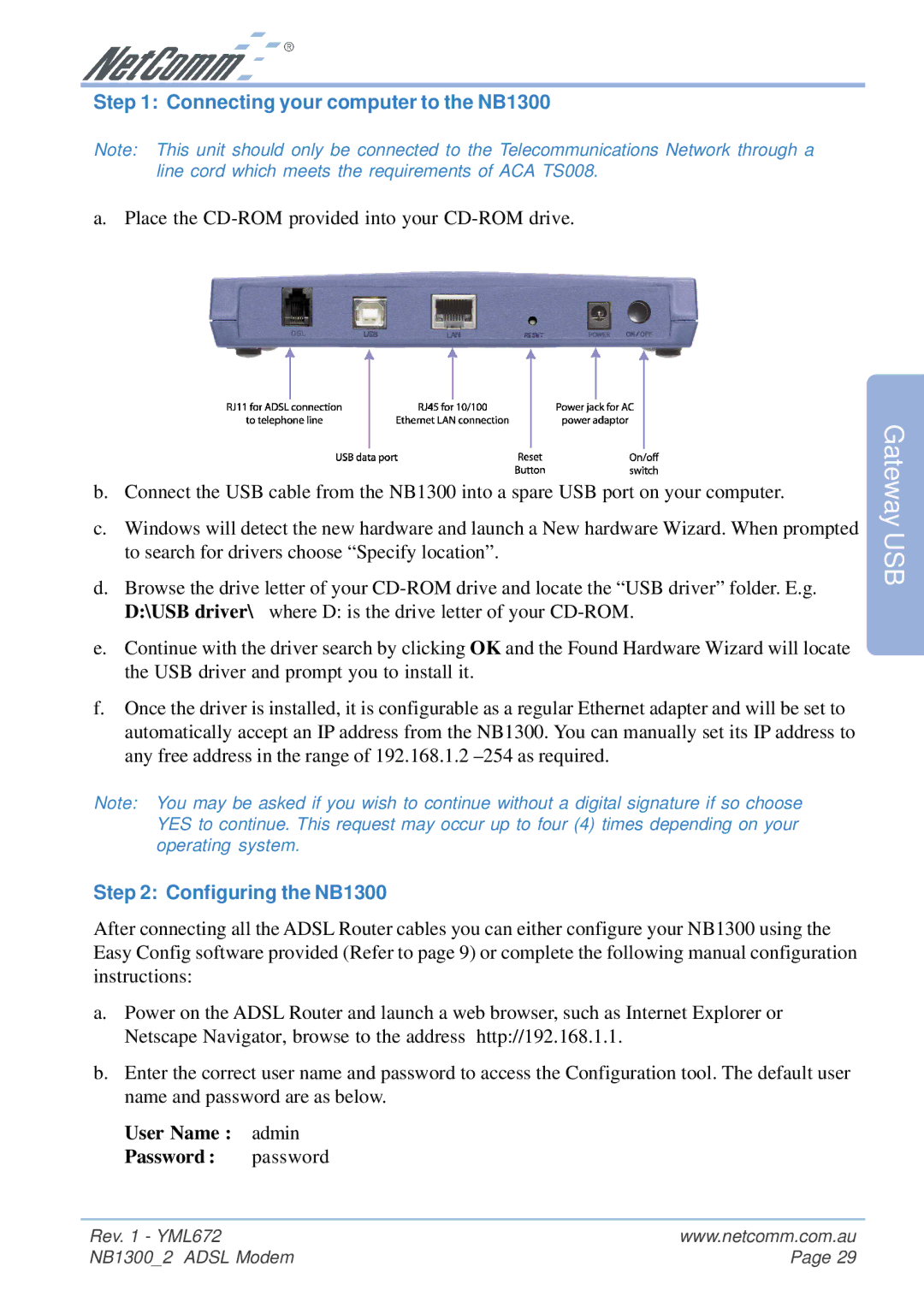 NetComm NB1300 Plus 4W manual Connecting your computer to the NB1300 