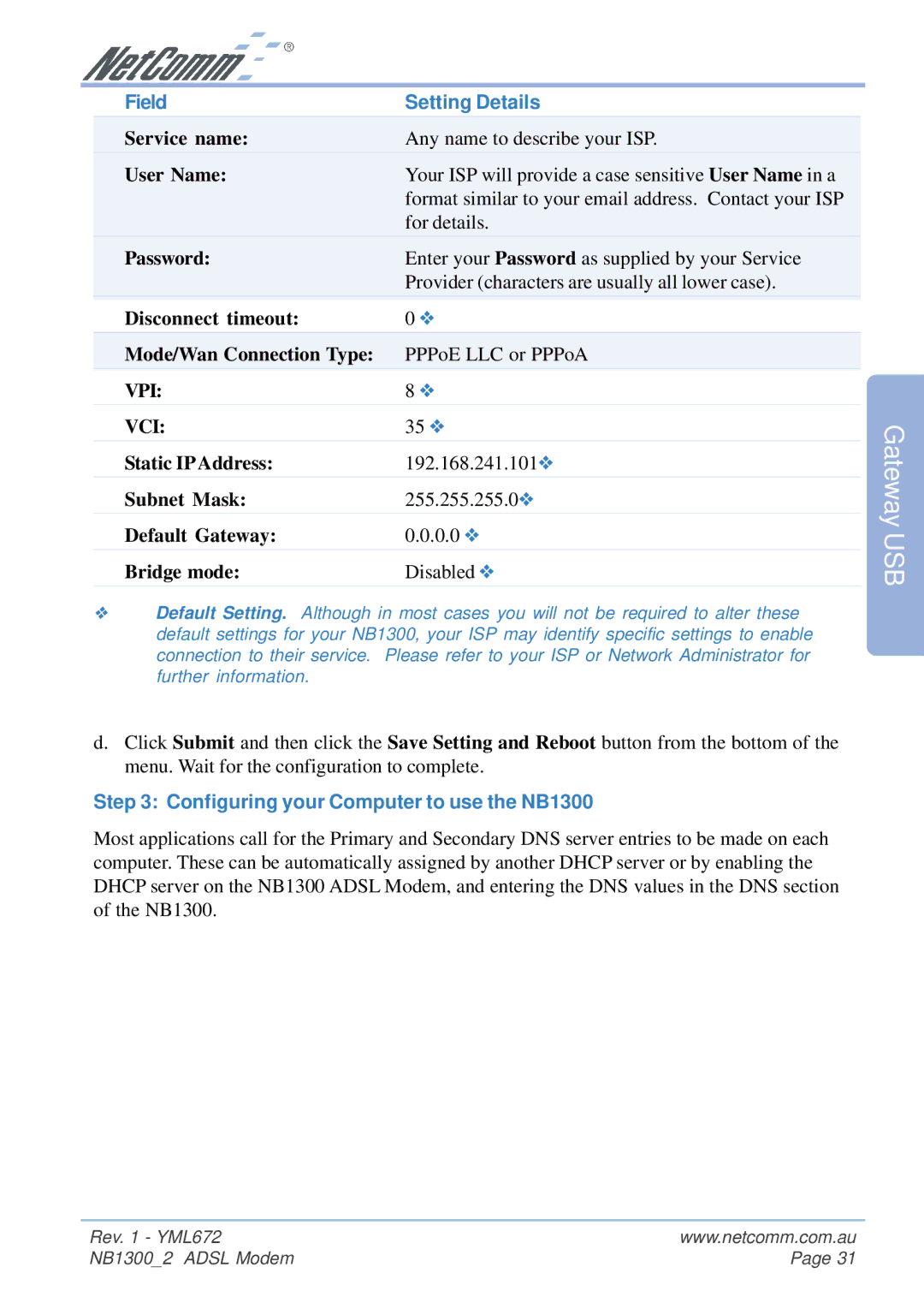 NetComm NB1300 Plus 4W manual PPPoE LLC or PPPoA 