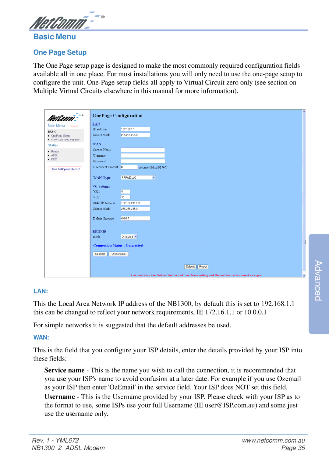 NetComm NB1300 Plus 4W manual Basic Menu, One Page Setup 