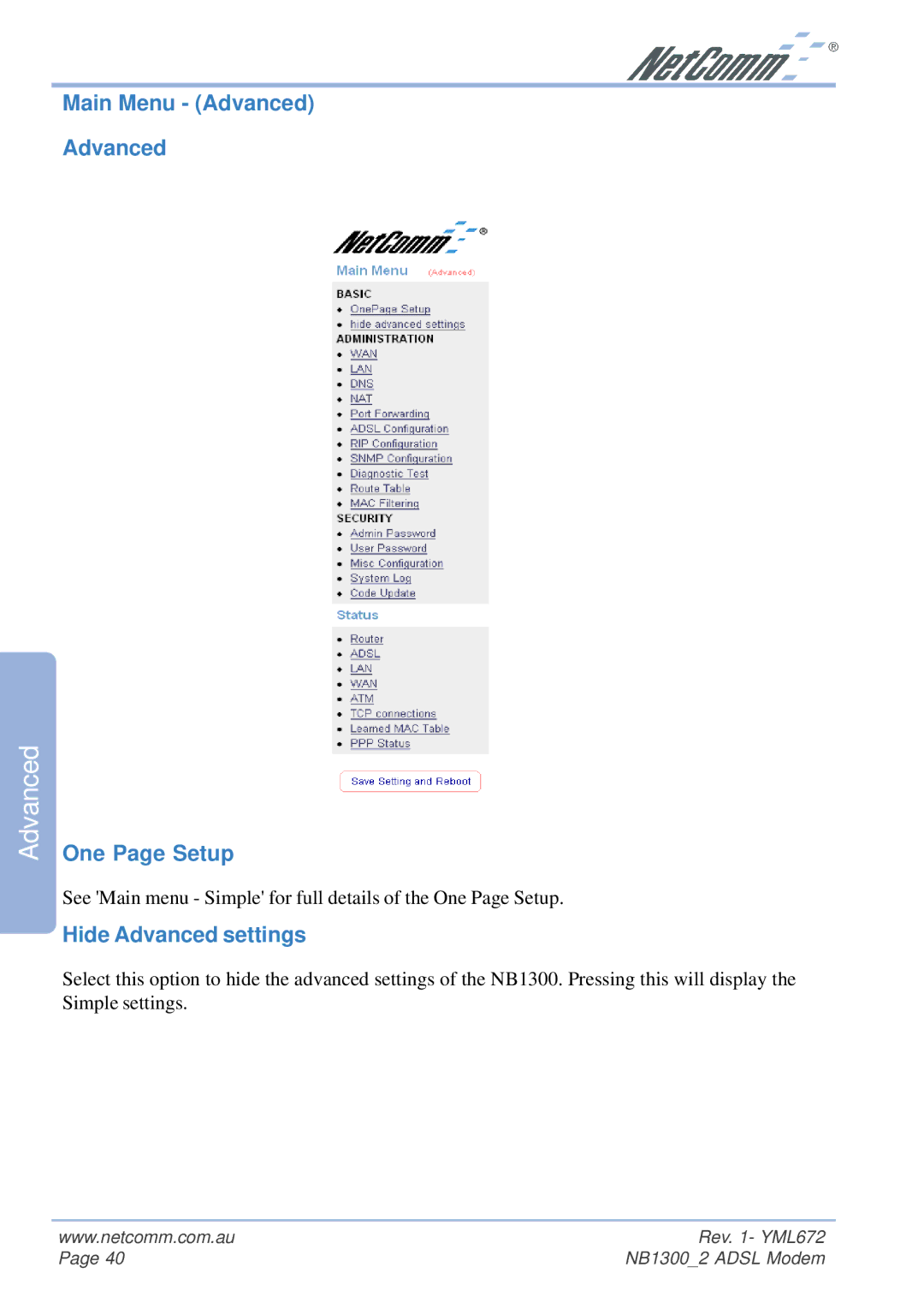 NetComm NB1300 Plus 4W manual Main Menu Advanced One Page Setup, Hide Advanced settings 