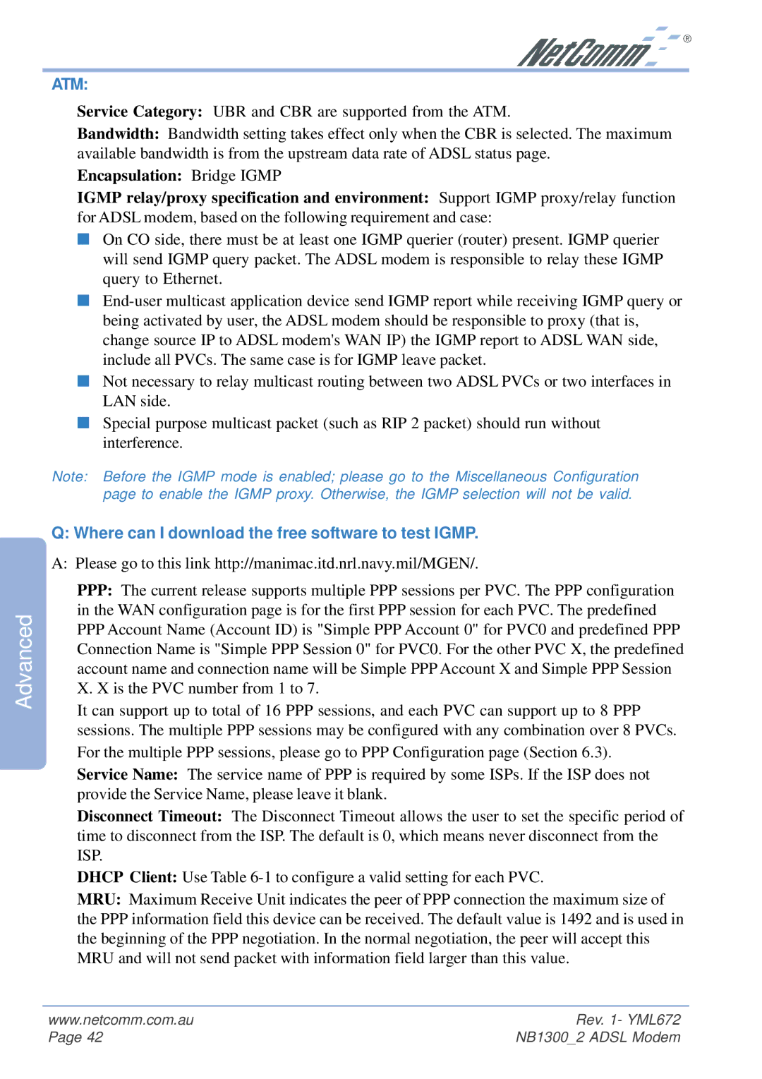 NetComm NB1300 Plus 4W manual Atm, Where can I download the free software to test Igmp 