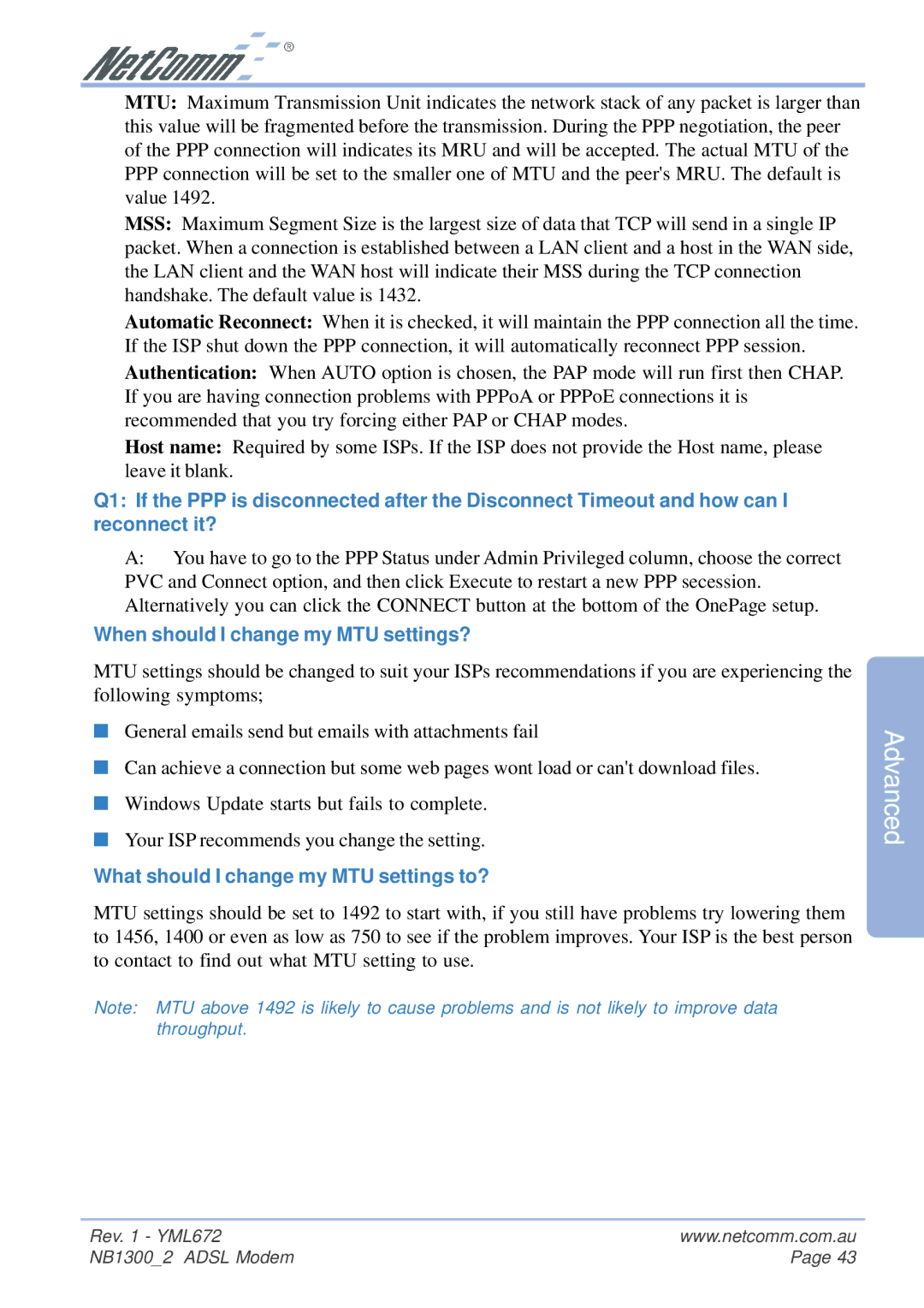 NetComm NB1300 Plus 4W manual When should I change my MTU settings?, What should I change my MTU settings to? 