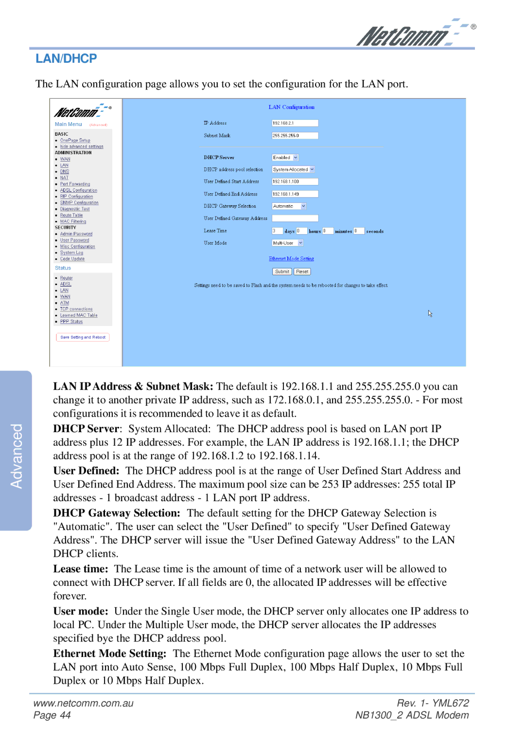 NetComm NB1300 Plus 4W manual Lan/Dhcp 