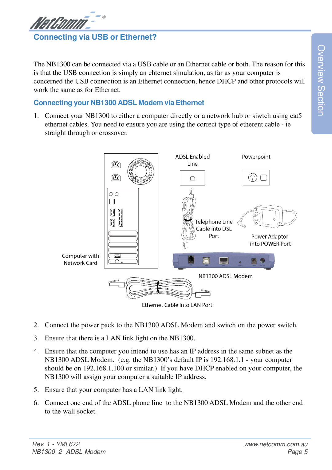 NetComm NB1300 Plus 4W manual Connecting via USB or Ethernet?, Connecting your NB1300 Adsl Modem via Ethernet 