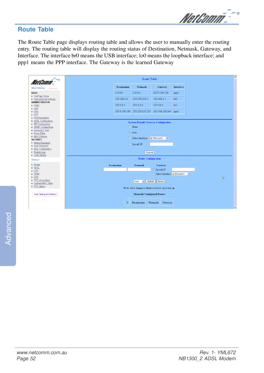 NetComm NB1300 Plus 4W manual Route Table 