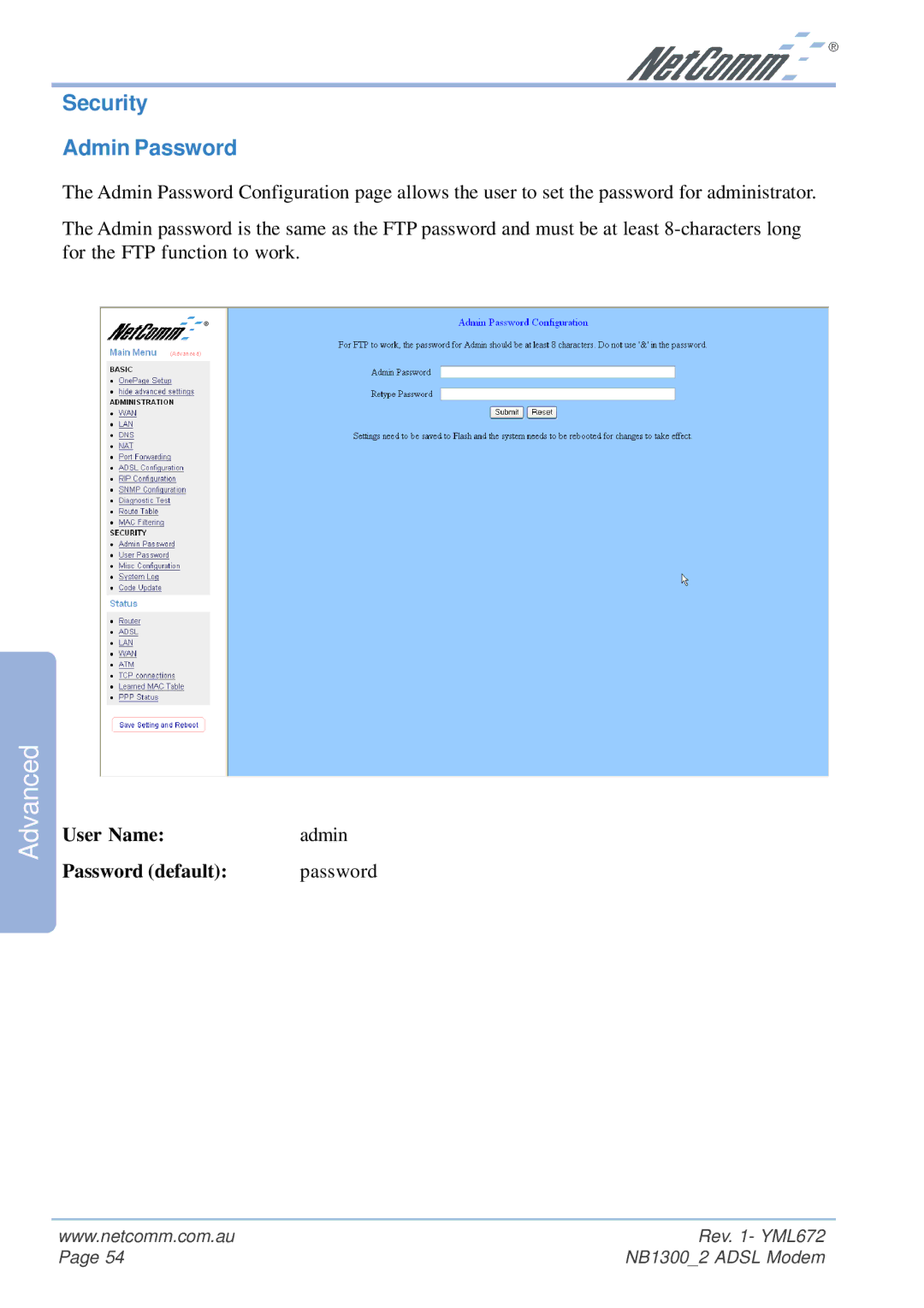 NetComm NB1300 Plus 4W manual Security Admin Password 