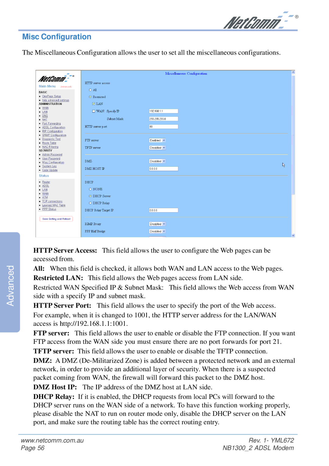 NetComm NB1300 Plus 4W manual Misc Configuration 